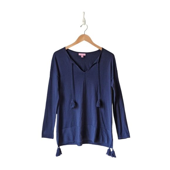 Lilly Pulitzer Oversized Tasseled Colene Sweater Navy Blue Knit Lightweight S - Picture 3 of 8